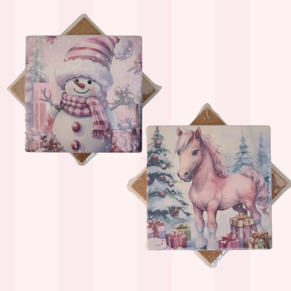 Christmas Sandstone Coasters - Pony and Snowman by Scott Heil/The Crowing Hen - Picture 1 of 7